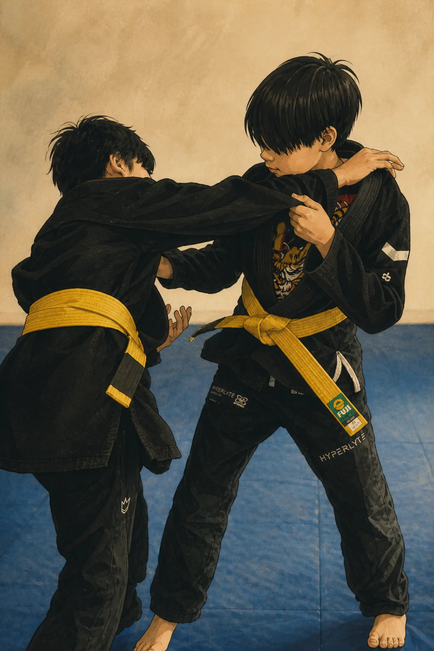 Two youth teammates practise a standing Brazilian Jiu Jitsu grip in a hand-drawn editorial scene