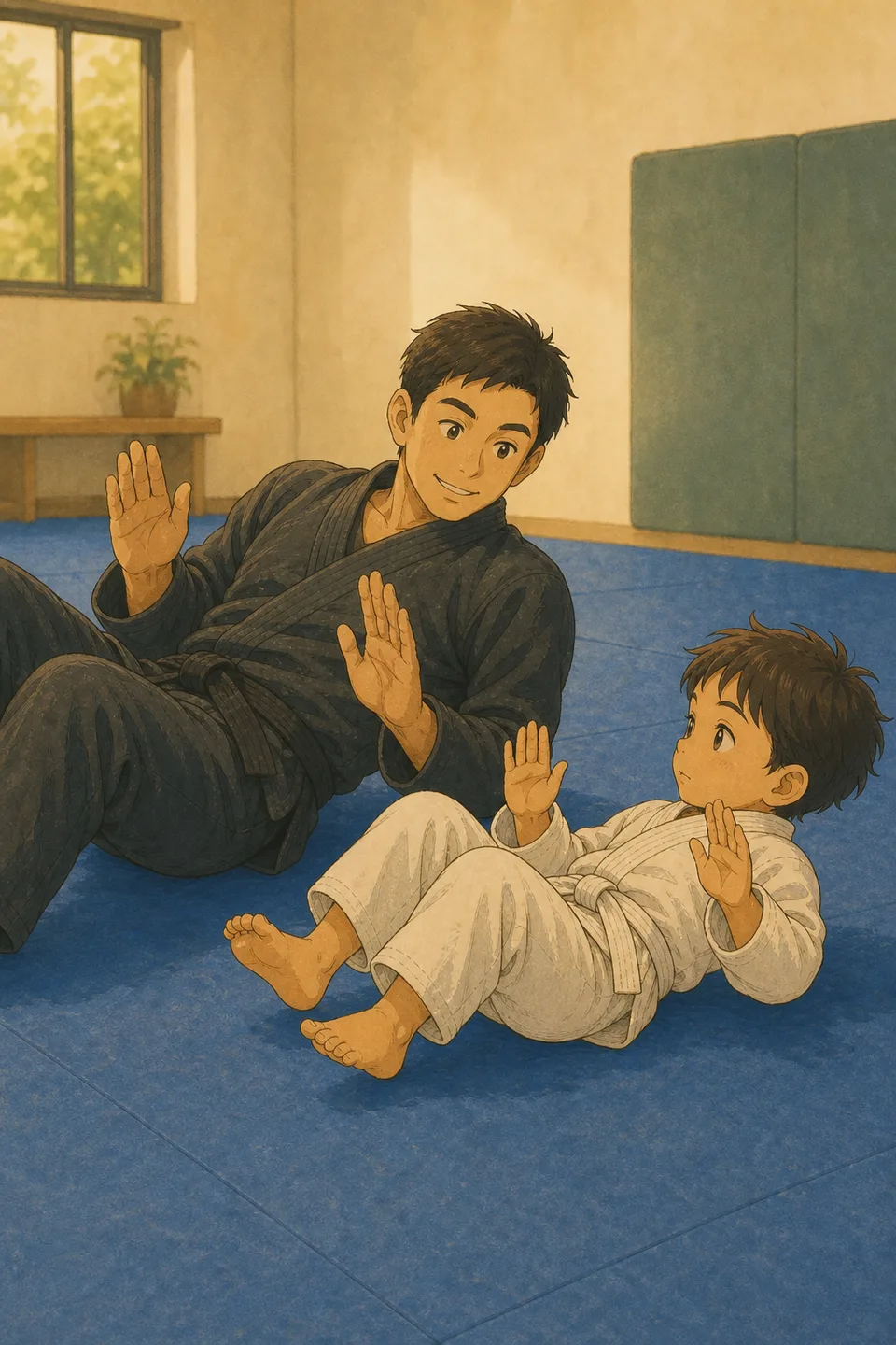 A coach helps a young Munchkins student practise a safe backward fall on the mats