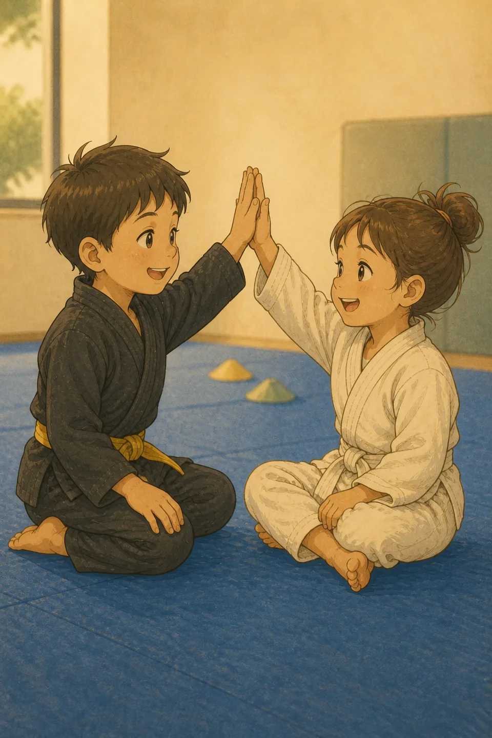 Two young Munchkins teammates share a high-five after partner practice
